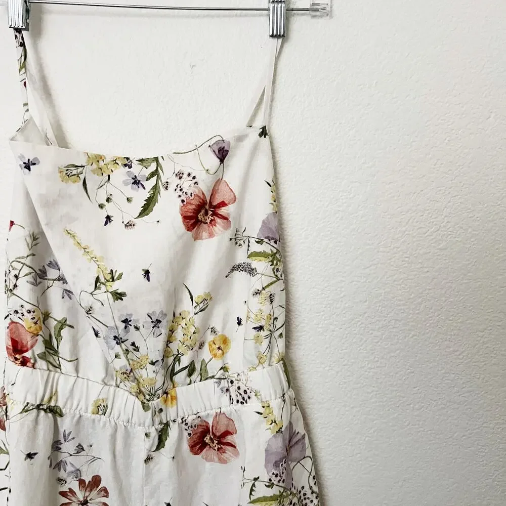 [H&M] Cream Linen Blend Cottagecore Wildflower Floral Print Strappy Romper Sz XL